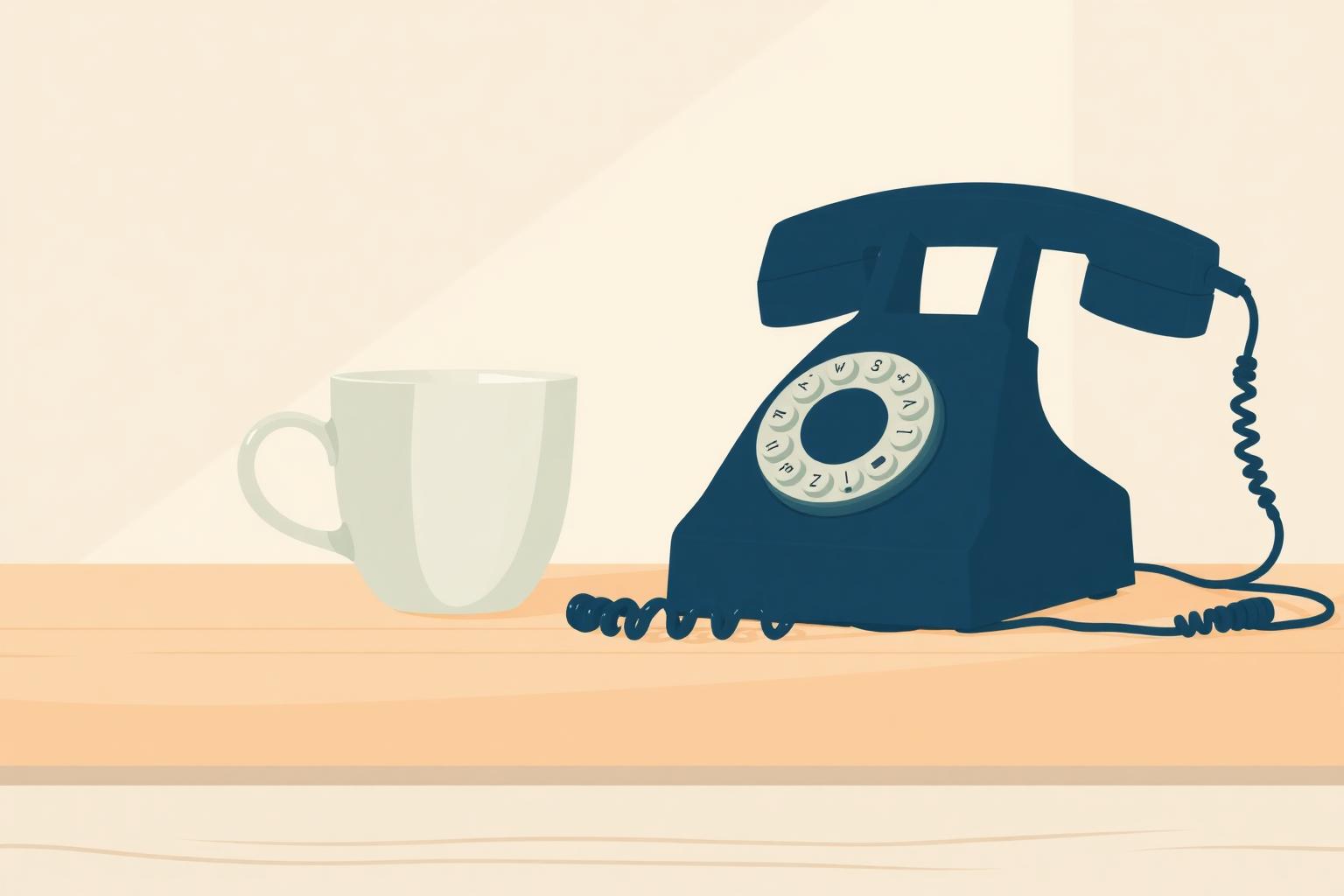 Phone handset illustration on a muted circular background.